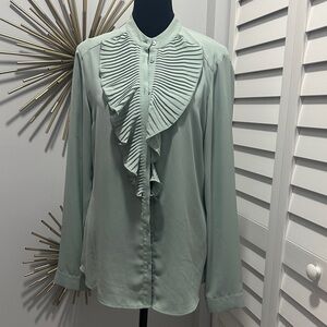 Express Sage Green Pleated Ruffle Front Blouse